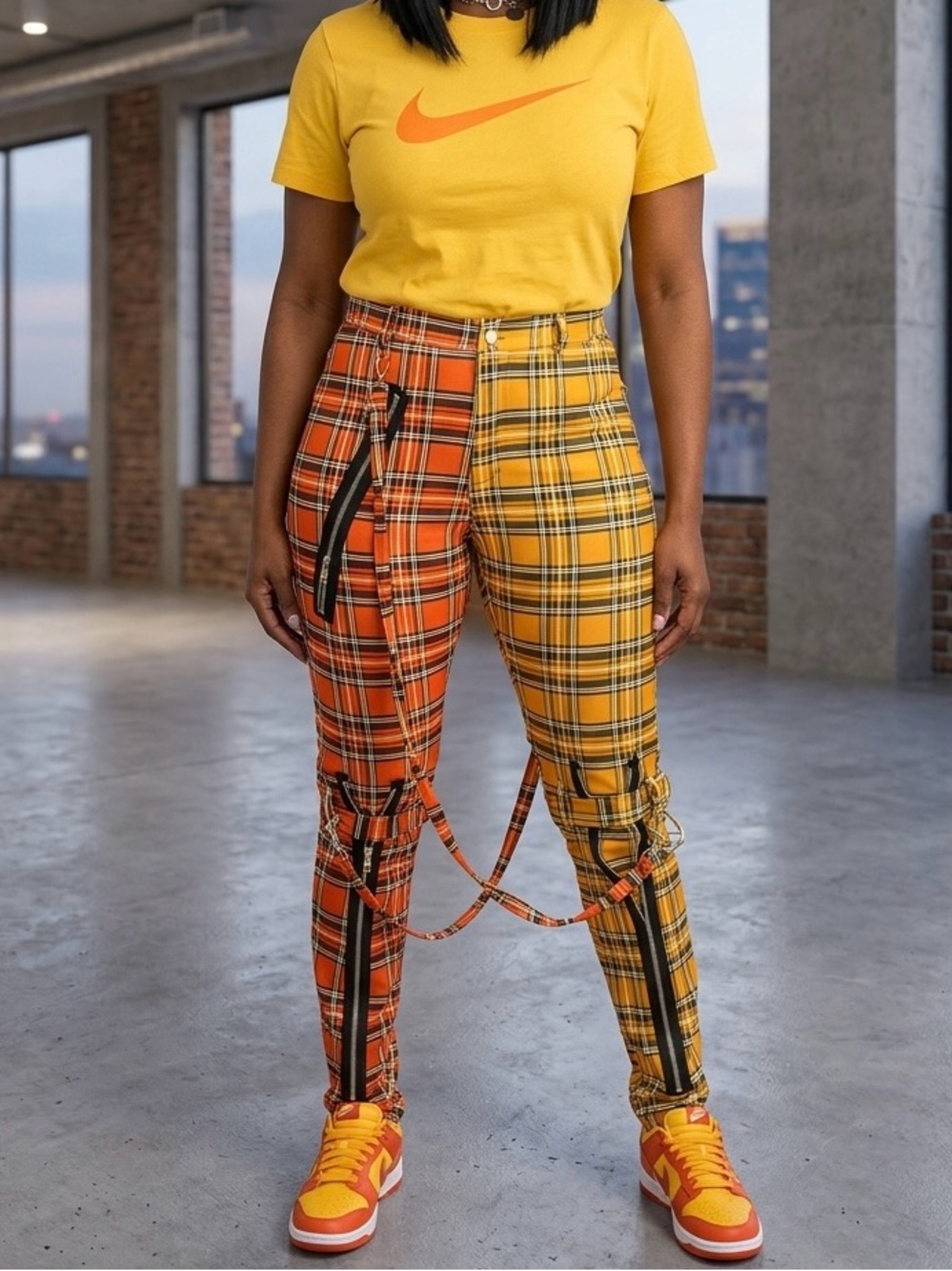 Never worn, Women's Yellow and Orange Plaid Skinny Cargo Pants
